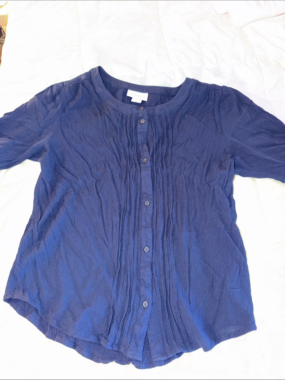 Liz Claiborne Navy Blue Button-Front Pintuck Top